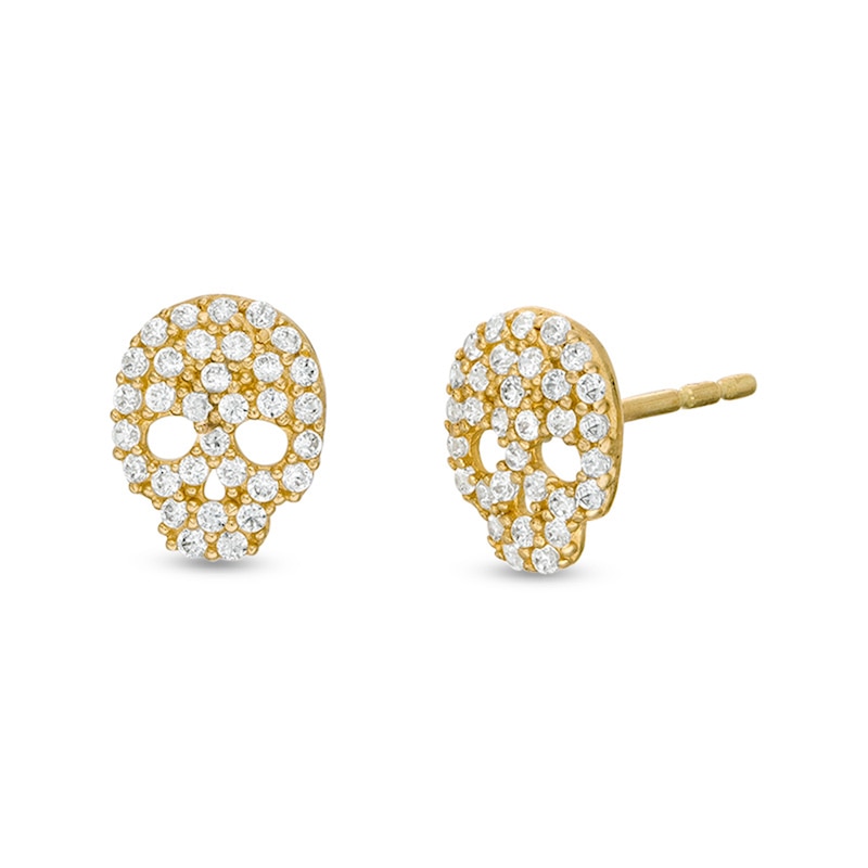 Cubic Zirconia Skull Stud Earrings in 10K Gold