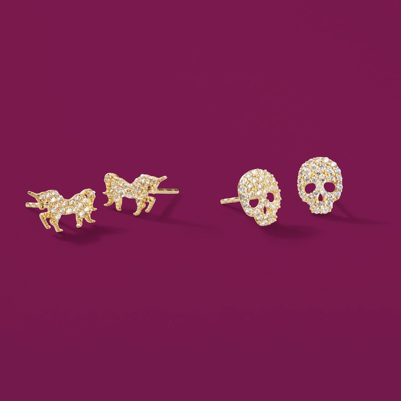 Cubic Zirconia Skull Stud Earrings in 10K Gold