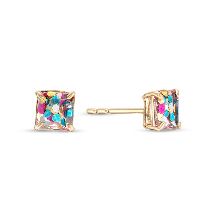 Main Image 1 of Multi-Color Glitter Square Stud Earrings in 10K Gold