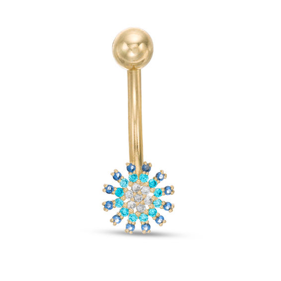 014 Gauge Blue Cubic Zirconia Starburst Belly Button Ring in 10K Gold