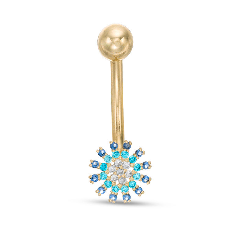 014 Gauge Blue Cubic Zirconia Starburst Belly Button Ring in 10K Gold
