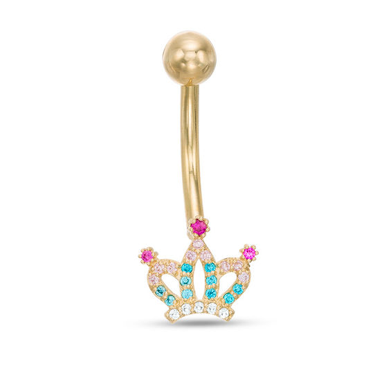 014 Gauge Multi-Color Cubic Zirconia Crown Belly Button Ring in 10K Gold