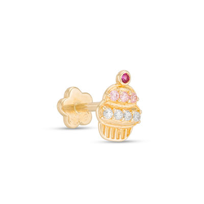 019 Gauge Red, Pink and Light Purple Cubic Zirconia Cupcake Cartilage Barbell in 14K Gold