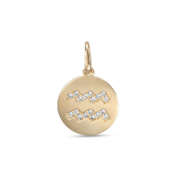 Cubic Zirconia Aquarius Zodiac Sign Disc Necklace Charm in 10K Gold