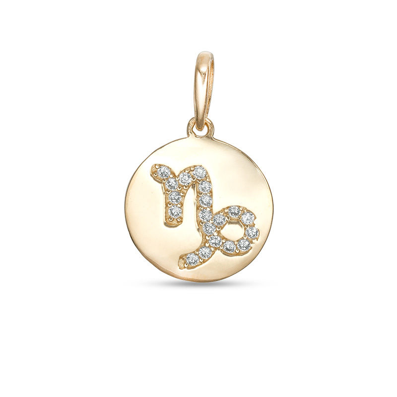 Cubic Zirconia Capricorn Zodiac Sign Disc Necklace Charm in 10K Gold