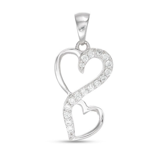 Cubic Zirconia Twisted Double Heart Necklace Charm in Solid Sterling Silver
