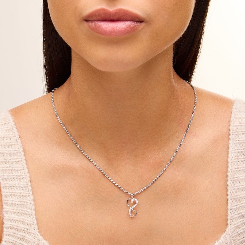 Main Image 2 of Sterling Silver Solid CZ Twisted Double Heart Necklace Charm