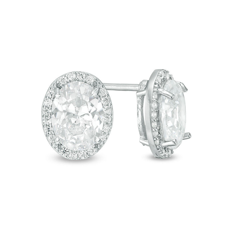 Oval Cubic Zirconia Frame Stud Earrings in Sterling Silver