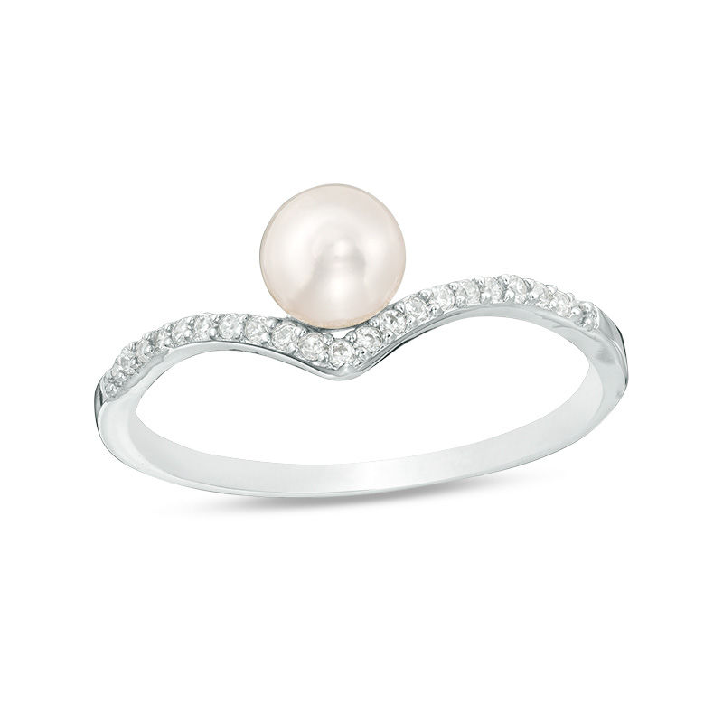 5-5.5mm Cultured Freshwater Pearl and Cubic Zirconia Chevron Ring in Sterling Silver - Size 7