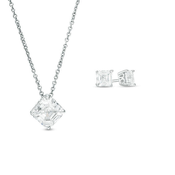 Fancy Square Cubic Zirconia Solitaire Pendant and Stud Earrings Set in Sterling Silver