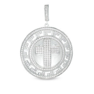 Cubic Zirconia Cross and Greek Key Border Necklace Charm in Sterling Silver