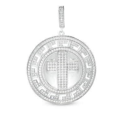 Cubic Zirconia Cross and Greek Key Border Necklace Charm in Sterling Silver