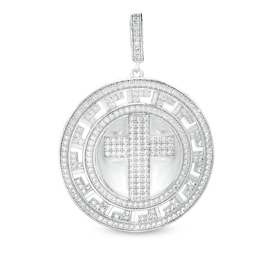 Cubic Zirconia Cross and Greek Key Border Necklace Charm in Sterling Silver