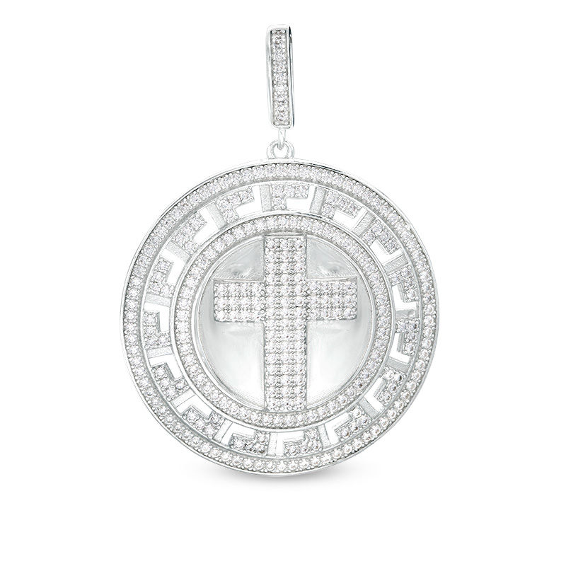 Main Image 1 of Cubic Zirconia Cross and Greek Key Border Necklace Charm in Sterling Silver
