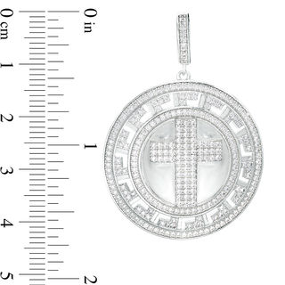 Cubic Zirconia Cross and Greek Key Border Necklace Charm in Sterling Silver