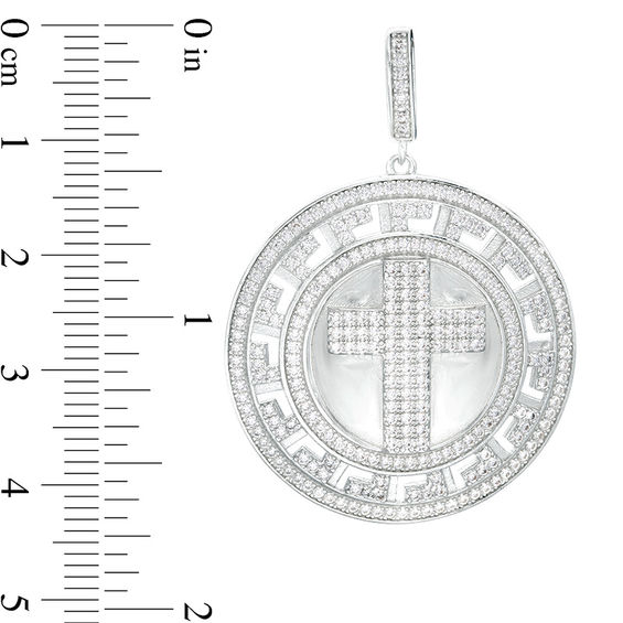 Cubic Zirconia Cross and Greek Key Border Necklace Charm in Sterling Silver
