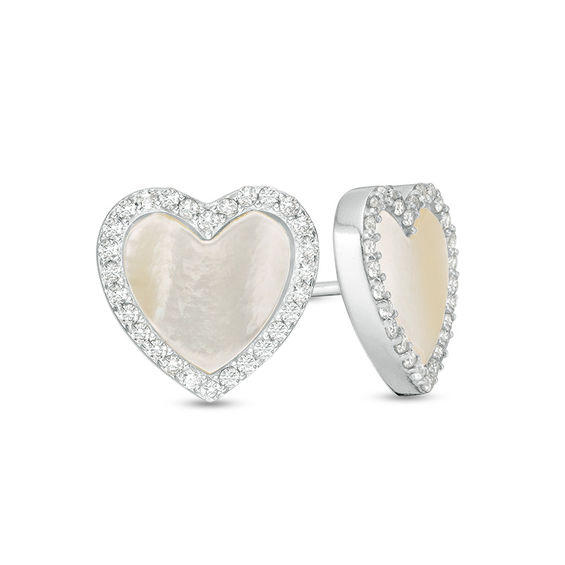 8.5mm Heart-Shaped Lab-Created Mother-of-Pearl and Cubic Zirconia Frame Stud Earrings in Sterling Silver