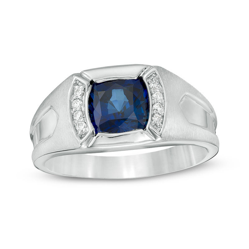8mm Cushion-Cut Lab-Created Blue and White Sapphire Collar Arrow Inlay Ring in Sterling Silver - Size 10