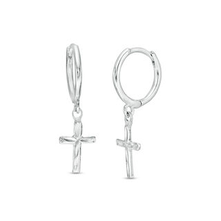 Solid Sterling Silver Diamond-Cut Cross Dangle Huggies