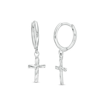 Solid Sterling Silver Diamond-Cut Cross Dangle Huggies