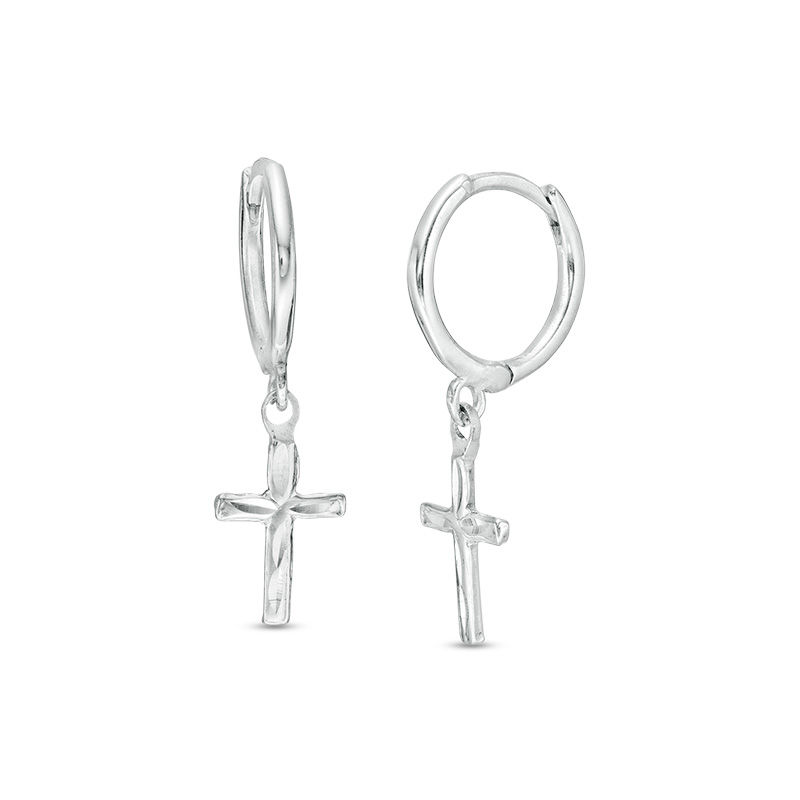 Diamond-Cut Cross Dangle Huggie Hoop Earrings in Solid Sterling Silver