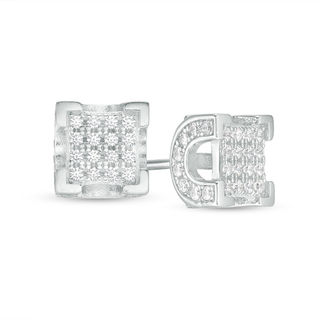 Solid Sterling Silver CZ Square Composite Art Deco Studs
