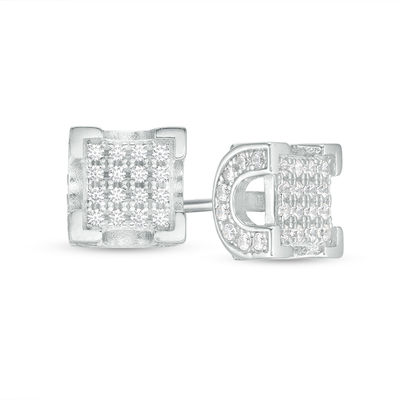 Solid Sterling Silver CZ Square Composite Art Deco Studs