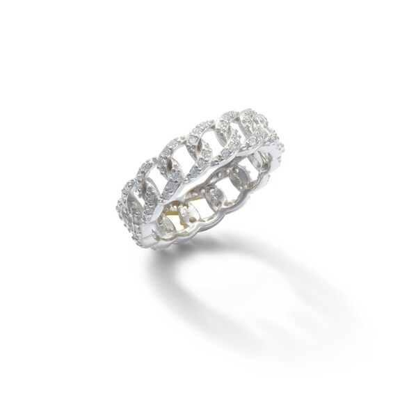 Solid Sterling Silver CZ Curb Chain Link Ring - Size 7