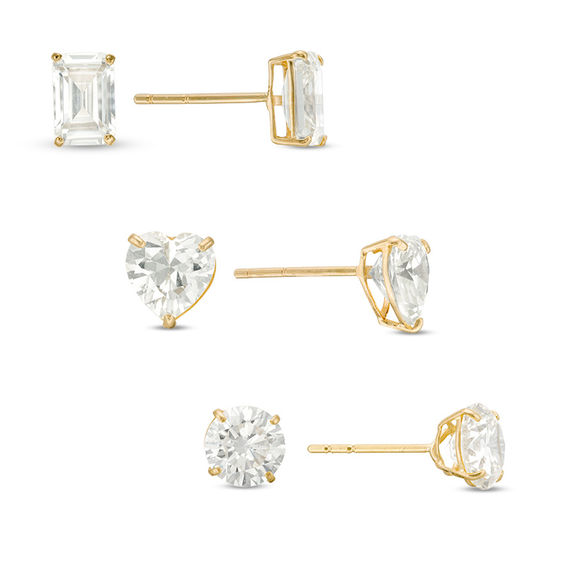 Multi-Shape Cubic Zirconia Stud Earrings Set in 10K Gold