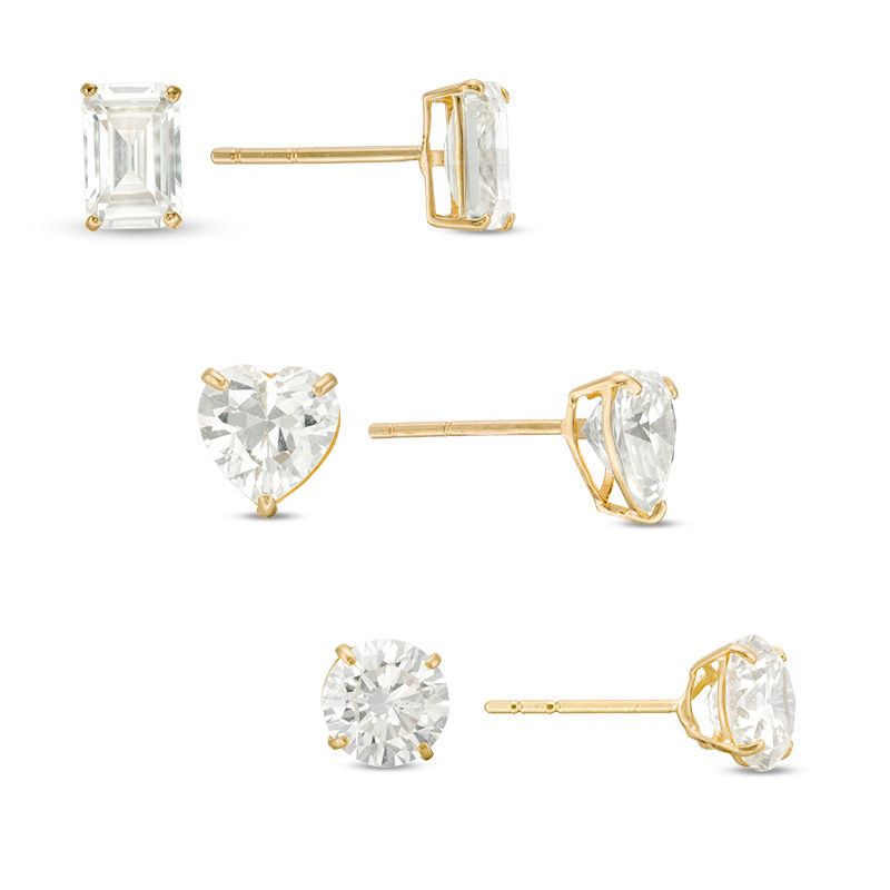 Multi-Shape Cubic Zirconia Stud Earrings Set in 10K Gold