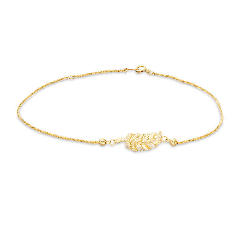 Main Image 1 of Diamond-Cut Leaf Anklet in 10K Gold - 10&quot;