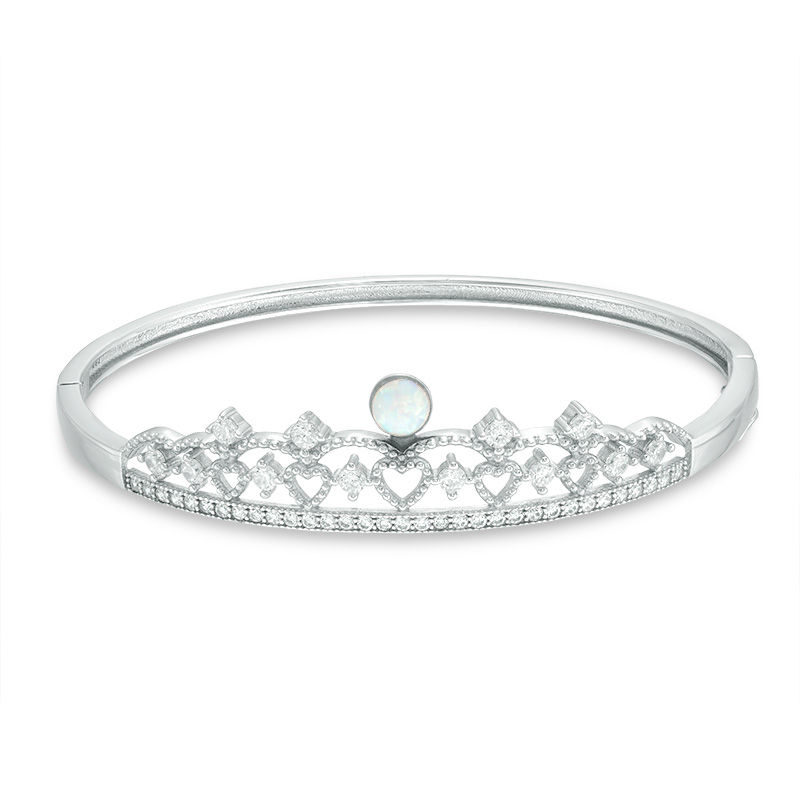 5mm Simulated Opal and Cubic Zirconia Heart Accent Crown Bangle in Sterling Silver