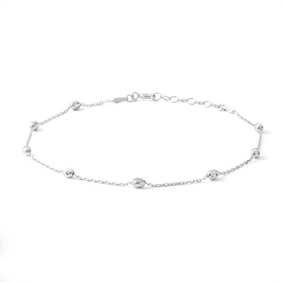 Sterling Silver Diamond-Cut Bead Station Anklet Made in Italy - 9" + 1"