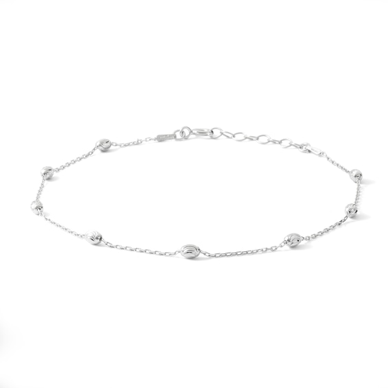 Solid Sterling Silver Diamond-Cut Bead Station Anklet Made in Italy