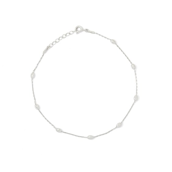 Sterling Silver Diamond-Cut Bead Station Anklet Made in Italy - 9" + 1"