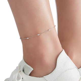 Sterling Silver Diamond-Cut Bead Station Anklet Made in Italy - 9" + 1"
