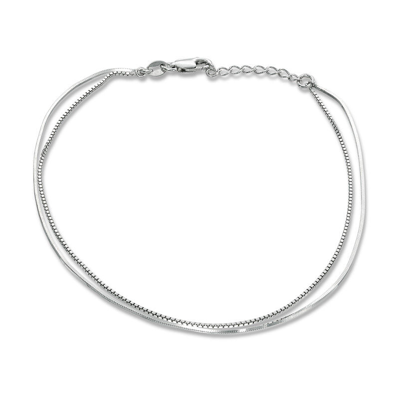 Double Strand Box and Snake Chain Anklet in Sterling Silver - 10"