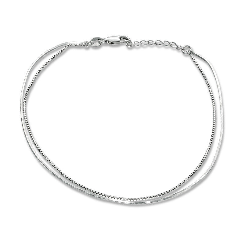 Main Image 1 of Double Strand Box and Snake Chain Anklet in Sterling Silver - 10"
