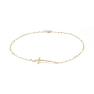 10K Solid Gold CZ Sideways Cross Anklet - 9" + 1"