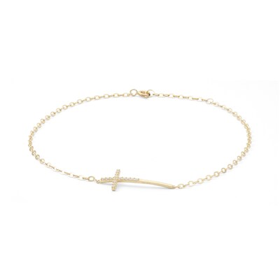 10K Solid Gold CZ Sideways Cross Anklet - 9" + 1"