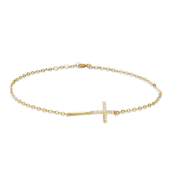 10K Solid Gold CZ Sideways Cross Anklet - 9