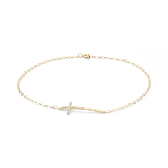 10K Solid Gold CZ Sideways Cross Anklet