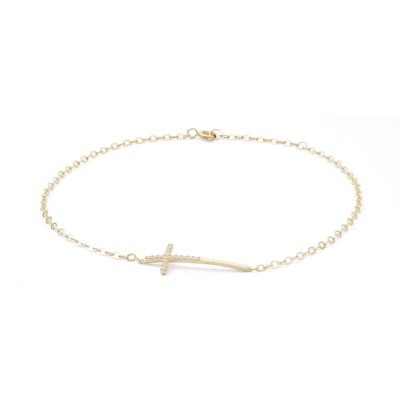 Main Image 1 of 10K Solid Gold CZ Sideways Cross Anklet