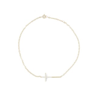 10K Solid Gold CZ Sideways Cross Anklet - 9" + 1"