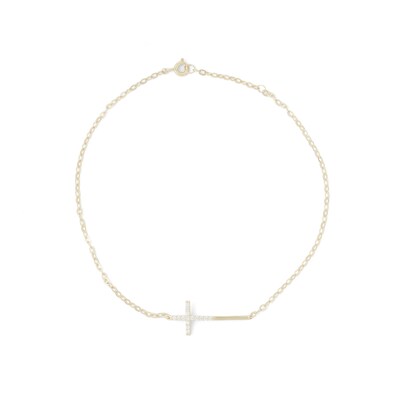 10K Solid Gold CZ Sideways Cross Anklet - 9" + 1"
