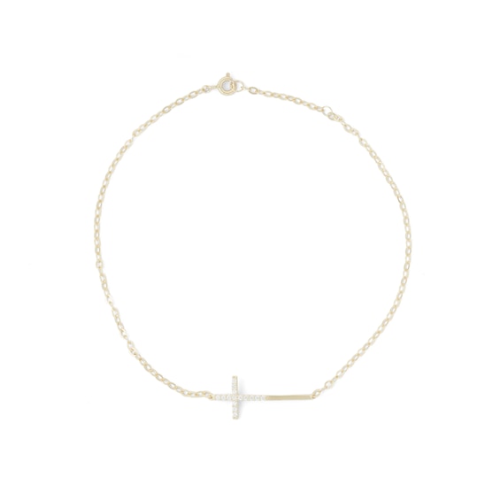 10K Solid Gold CZ Sideways Cross Anklet - 9" + 1"