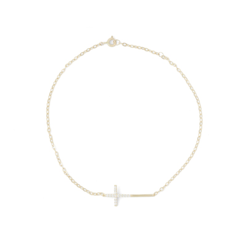 Main Image 2 of 10K Solid Gold CZ Sideways Cross Anklet
