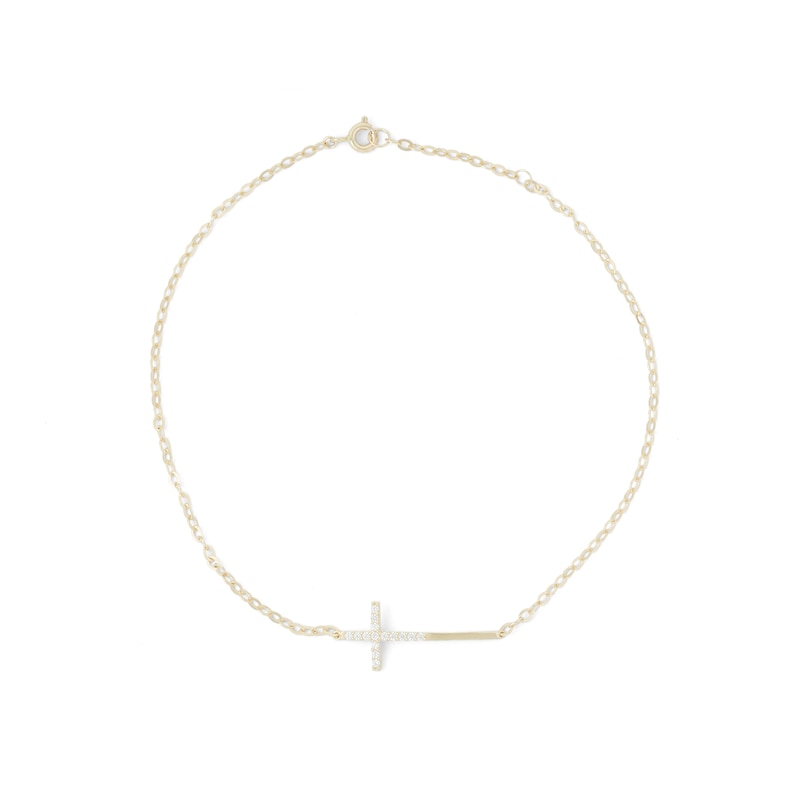 10K Solid Gold CZ Sideways Cross Anklet