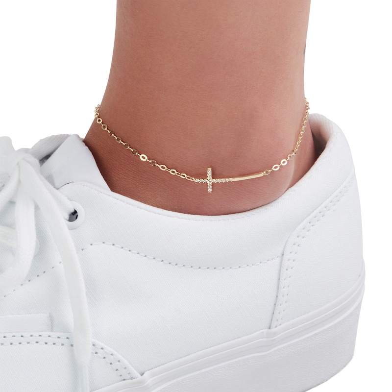 10K Solid Gold CZ Sideways Cross Anklet