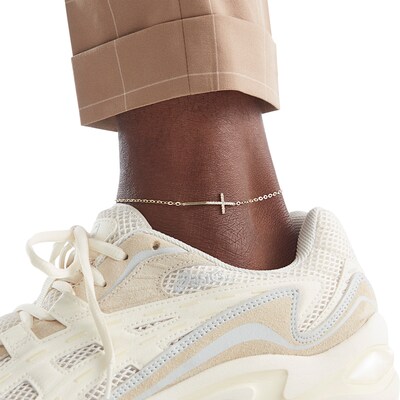10K Solid Gold CZ Sideways Cross Anklet - 9" + 1"